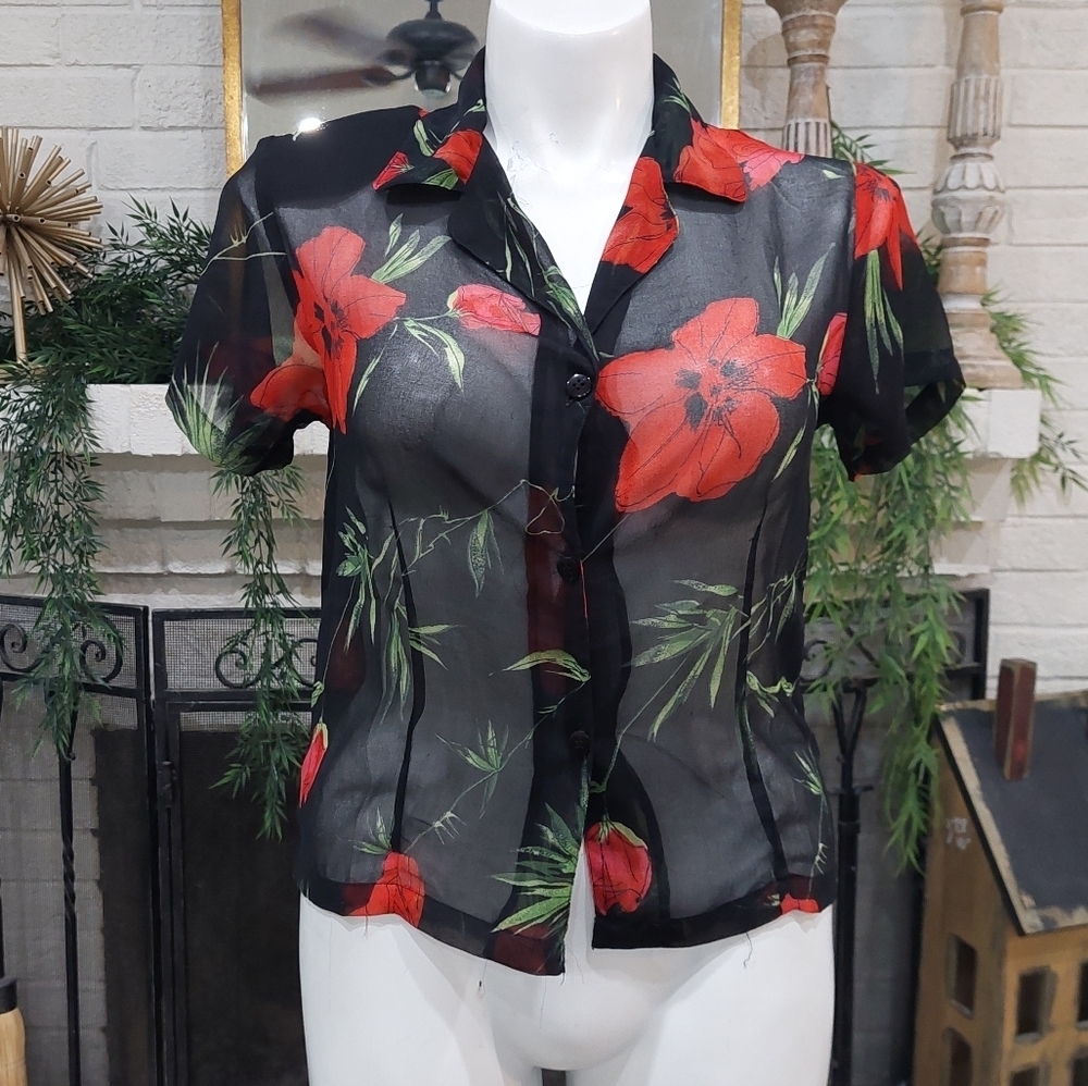Variations Sheer Camp Shirt Sz M Poppy Print Blouse Hawaiian Floral